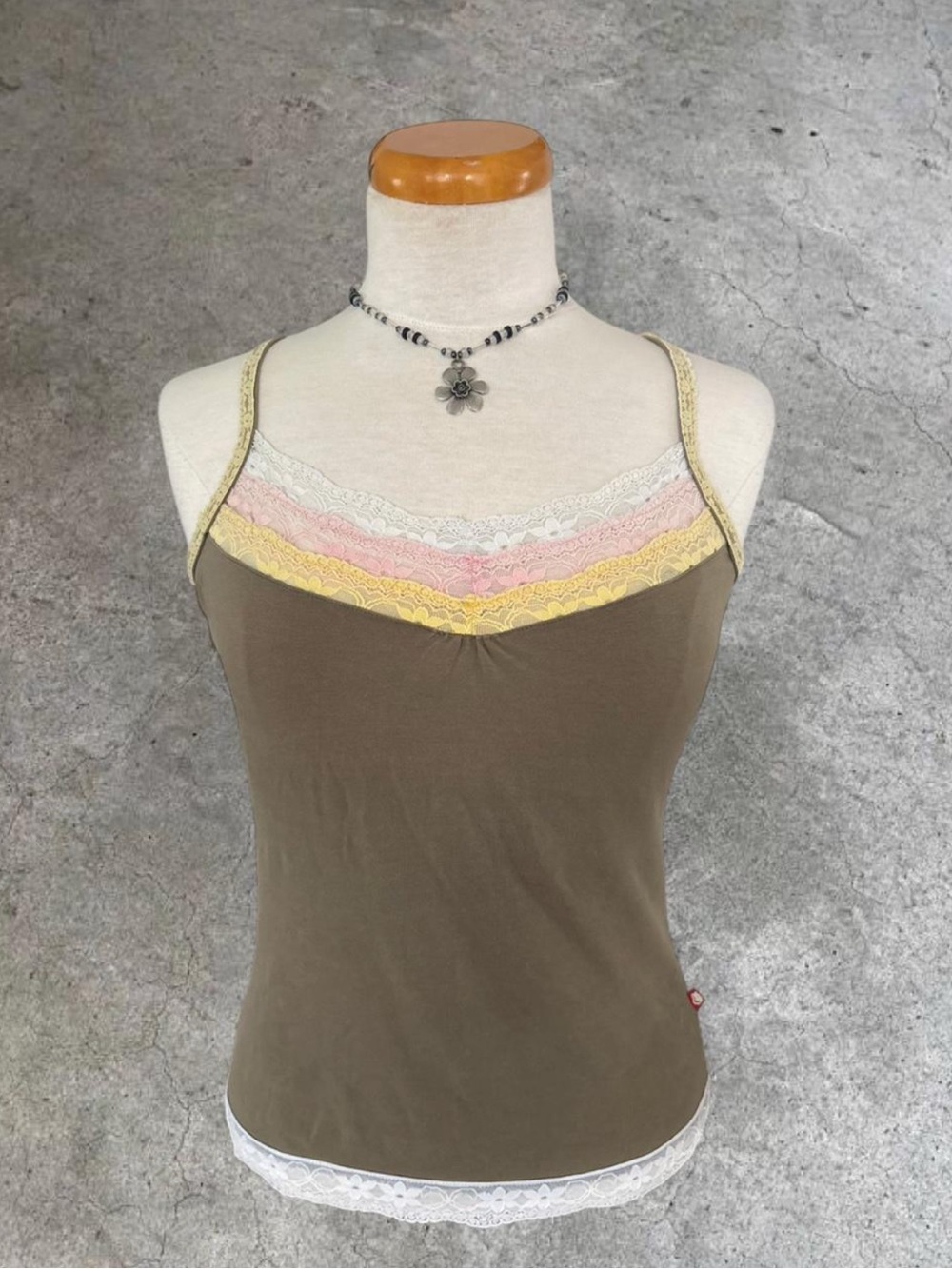 Olive Lace-Trim Camisole with Pink & Yellow Accents